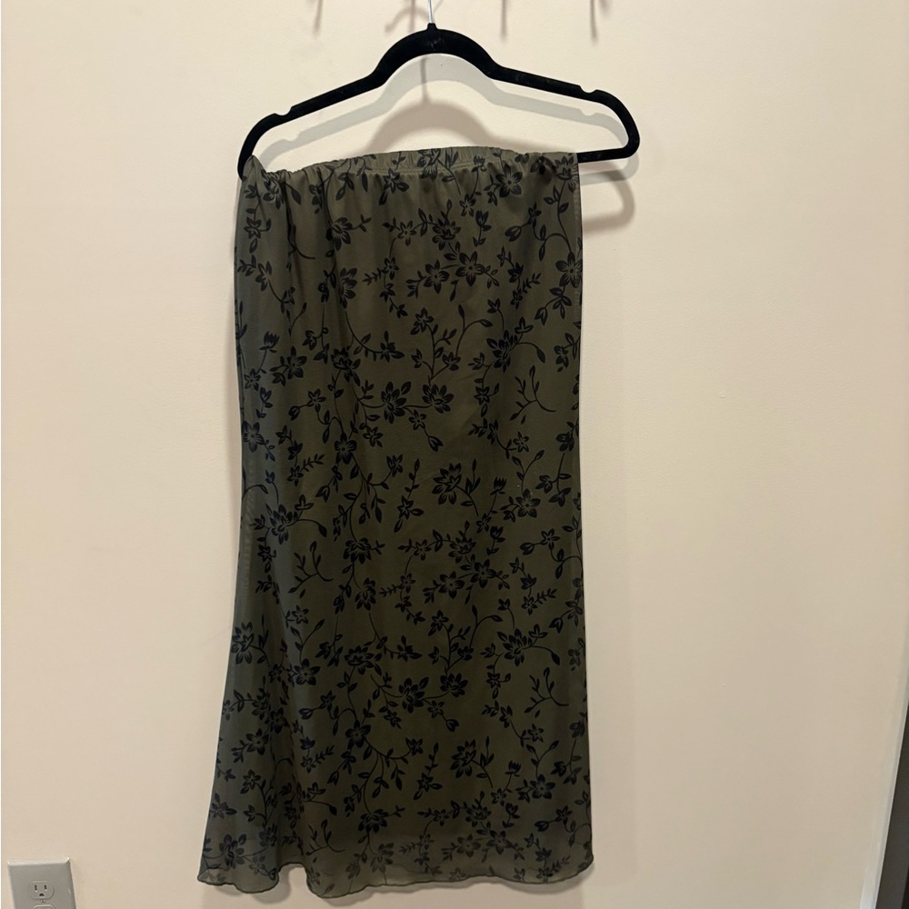 Olive Green Floral Midi Skirt
